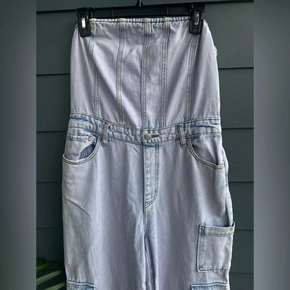 Wild Fable~Lavender Blue Tubed Cargo Denim Jumpsuit with Shirred Back~Size M NWT - Picture 2 of 14
